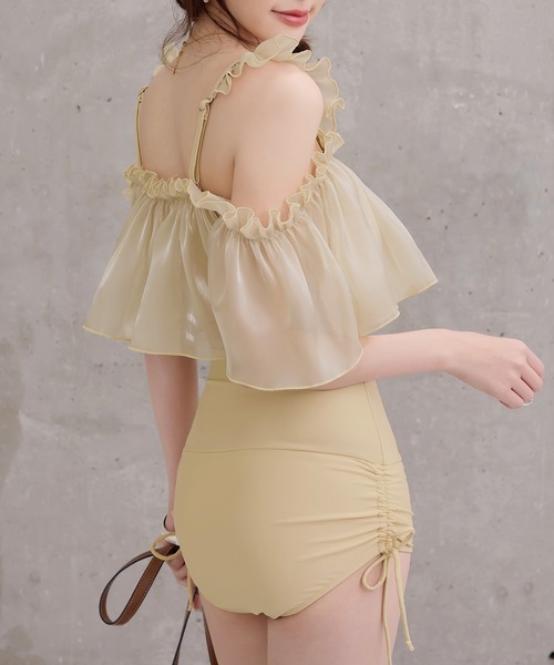 TeddyShop（テディショップ）の「レディース水着 オフショル風オーガンジーメロウフリルハイウエストビキニ 上下2点セット（水着・レディース・ブルー/ブラック/ベージュ/ホワイト・S/L/M）」の22枚目の写真