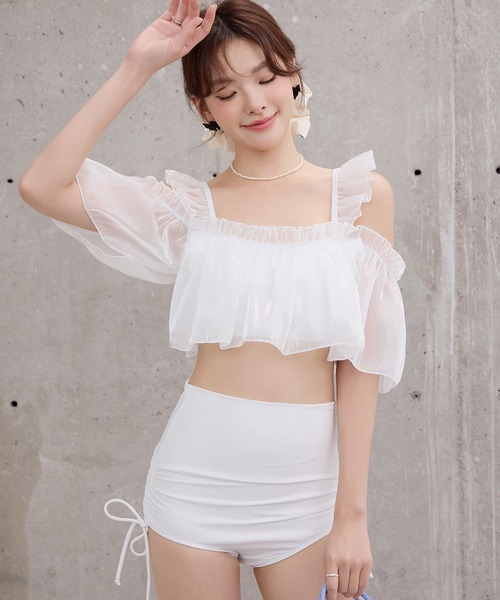 TeddyShop（テディショップ）の「レディース水着 オフショル風オーガンジーメロウフリルハイウエストビキニ 上下2点セット（水着・レディース・ブルー/ブラック/ベージュ/ホワイト・S/L/M）」の5枚目の写真