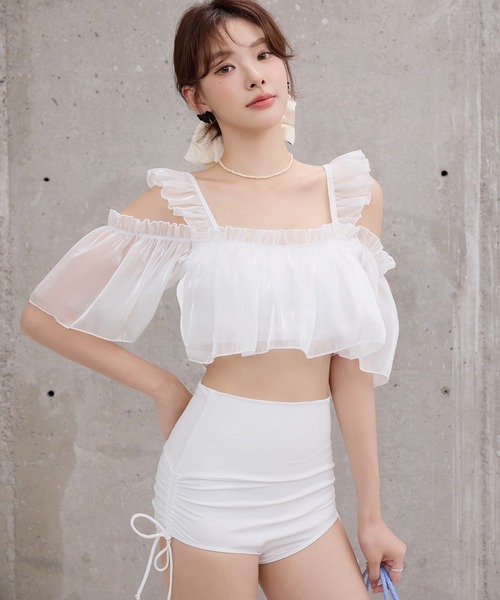 TeddyShop（テディショップ）の「レディース水着 オフショル風オーガンジーメロウフリルハイウエストビキニ 上下2点セット（水着・レディース・ブルー/ブラック/ベージュ/ホワイト・S/L/M）」の6枚目の写真