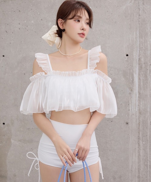 TeddyShop（テディショップ）の「レディース水着 オフショル風オーガンジーメロウフリルハイウエストビキニ 上下2点セット（水着・レディース・ブルー/ブラック/ベージュ/ホワイト・S/L/M）」の7枚目の写真