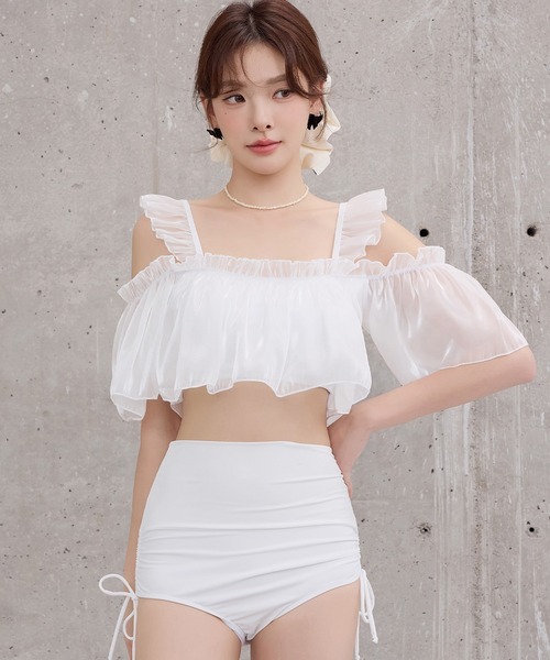 TeddyShop（テディショップ）の「レディース水着 オフショル風オーガンジーメロウフリルハイウエストビキニ 上下2点セット（水着・レディース・ブルー/ブラック/ベージュ/ホワイト・S/L/M）」の8枚目の写真