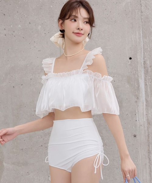 TeddyShop（テディショップ）の「レディース水着 オフショル風オーガンジーメロウフリルハイウエストビキニ 上下2点セット（水着・レディース・ブルー/ブラック/ベージュ/ホワイト・S/L/M）」の9枚目の写真