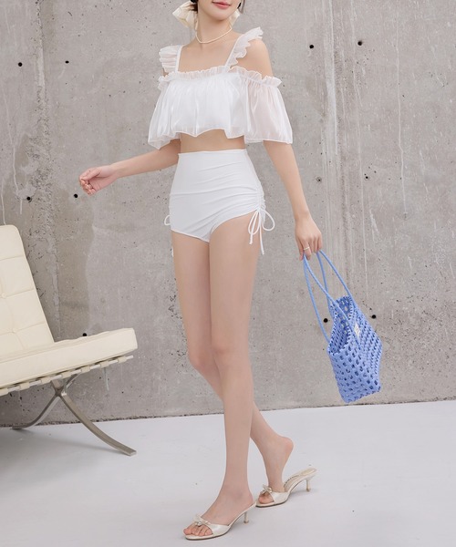 TeddyShop（テディショップ）の「レディース水着 オフショル風オーガンジーメロウフリルハイウエストビキニ 上下2点セット（水着・レディース・ブルー/ブラック/ベージュ/ホワイト・S/L/M）」の12枚目の写真