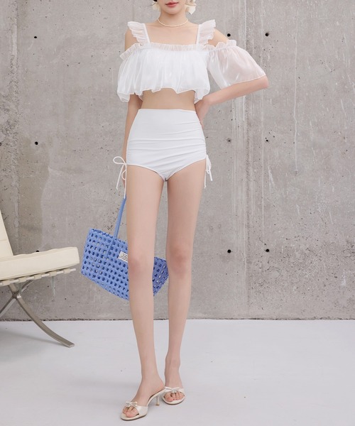 TeddyShop（テディショップ）の「レディース水着 オフショル風オーガンジーメロウフリルハイウエストビキニ 上下2点セット（水着・レディース・ブルー/ブラック/ベージュ/ホワイト・S/L/M）」の13枚目の写真