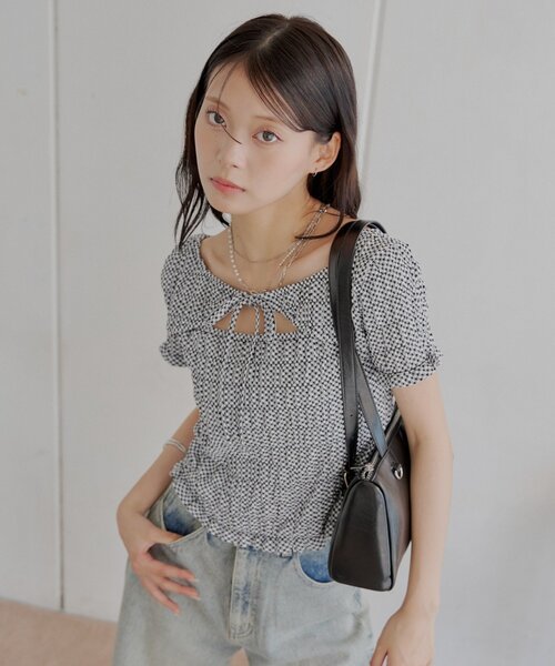 ギンガムフロントリボンボレロデザインT（Tシャツ/カットソー