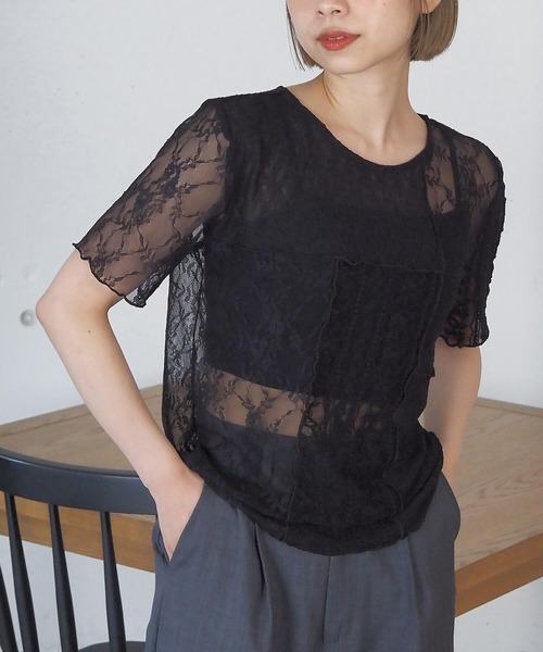 tiptop（ティップトップ）の「パッチワークレースTシャツ（Tシャツ/カットソー・レディース・アイボリー/ブラック・FREE）」の2枚目の写真