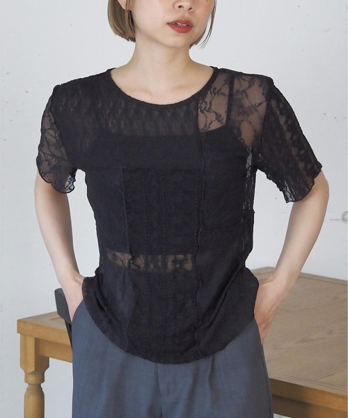 tiptop（ティップトップ）の「パッチワークレースTシャツ（Tシャツ/カットソー・レディース・アイボリー/ブラック・FREE）」の3枚目の写真