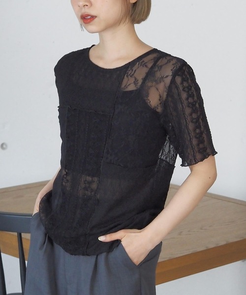 tiptop（ティップトップ）の「パッチワークレースTシャツ（Tシャツ/カットソー・レディース・アイボリー/ブラック・FREE）」の4枚目の写真
