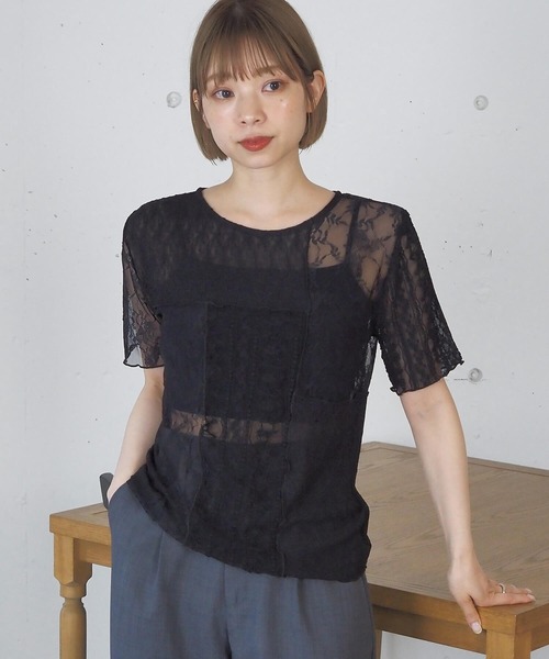 tiptop（ティップトップ）の「パッチワークレースTシャツ（Tシャツ/カットソー・レディース・アイボリー/ブラック・FREE）」の5枚目の写真
