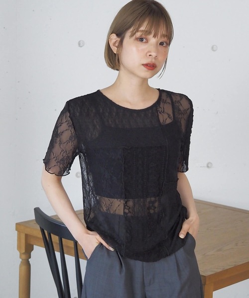 tiptop（ティップトップ）の「パッチワークレースTシャツ（Tシャツ/カットソー・レディース・アイボリー/ブラック・FREE）」の6枚目の写真