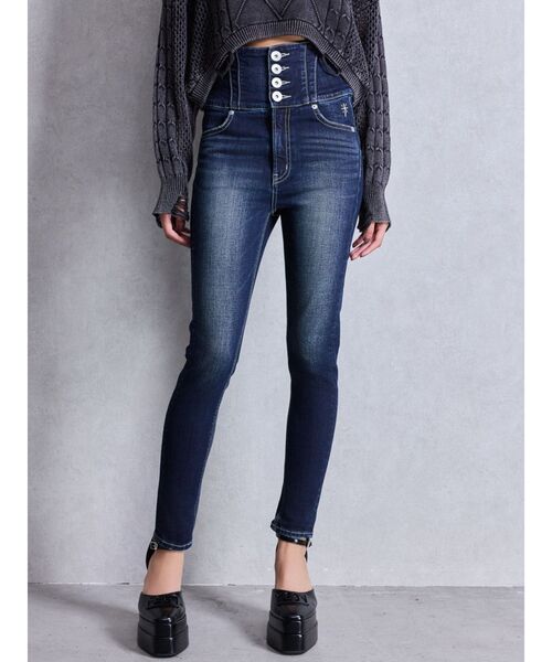 Mon！ 新品！美品！GYDA ハイウエスト スキニーデニムダークブルー セール】ハイウエスト STUPID IN RICH embroideryスキニーデニムパンツ