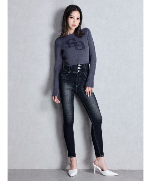 GYDA(ジェイダ)の「ハイウエスト STUPID IN RICH embroideryスキニーデニムパンツ(デニムパンツ・レディース・インディゴブルー/ライトブルー・X-SMALL/SMALL/MEDIUM)」の3枚目の写真