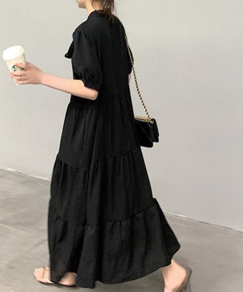 Miniministore(ミニミニストア)の「リボンタイ ティアードワンピースミモレ丈(ワンピース・レディース・ブラック・M/XL/L)」の1枚目の写真