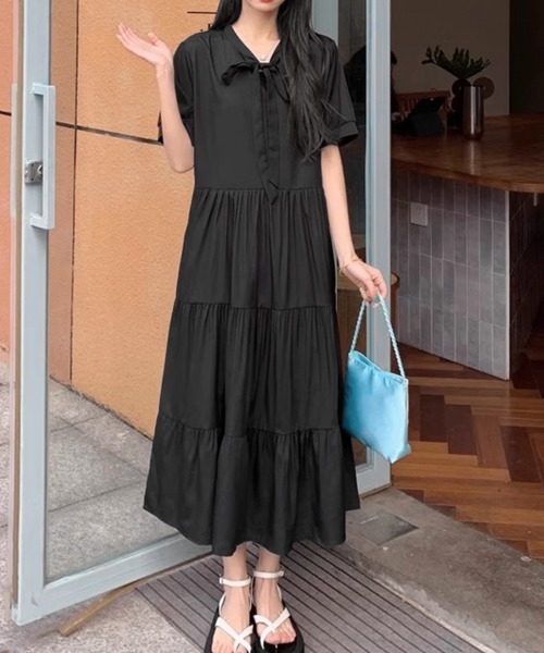 Miniministore(ミニミニストア)の「リボンタイ ティアードワンピースミモレ丈(ワンピース・レディース・ブラック・M/XL/L)」の6枚目の写真