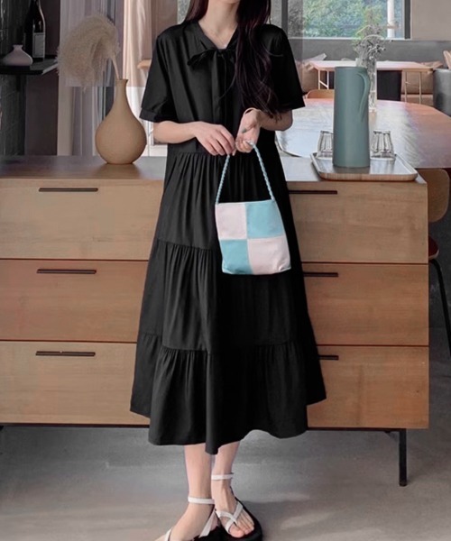 Miniministore(ミニミニストア)の「リボンタイ ティアードワンピースミモレ丈(ワンピース・レディース・ブラック・M/XL/L)」の8枚目の写真