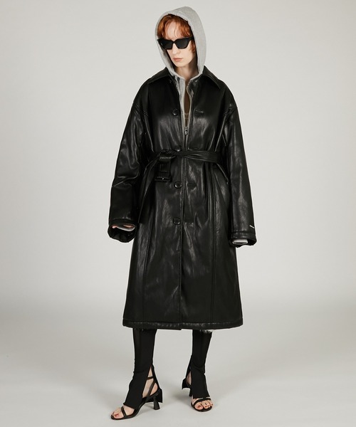 【半額以下！新品】フード付きブラックロング春コート♡ セール】【Cieluna】カットメルトンフレアロングチェスターコート