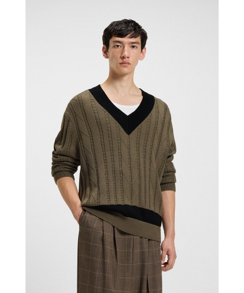 ミックスニット オーバーサイズフィットセーター コントラストVネック