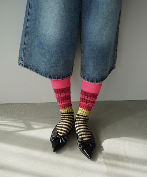 SANSeLF（サンセルフ）の「【SANSeLF】カラーブロッキングストライプロングソックス  saa25a034（ソックス/靴下・レディース・ピンク/グリーン/ブラウン/パープル・FREE）」の4枚目の写真