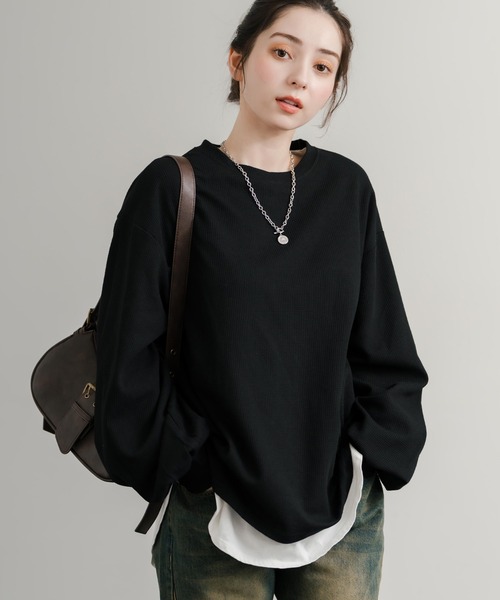 Rocky Monroe(ロッキーモンロー)の「オーバーサイズバルーンスリーブワッフルロングTシャツ(Tシャツ/カットソー・レディース・ブルー/チャコール/ホワイト/グリーン/ブラック/アイボリー/グレー・M/L)」の1枚目の写真
