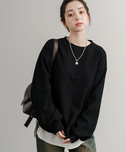 Rocky Monroe(ロッキーモンロー)の「オーバーサイズバルーンスリーブワッフルロングTシャツ(Tシャツ/カットソー・レディース・ブルー/チャコール/ホワイト/グリーン/ブラック/アイボリー/グレー・M/L)」の13枚目の写真