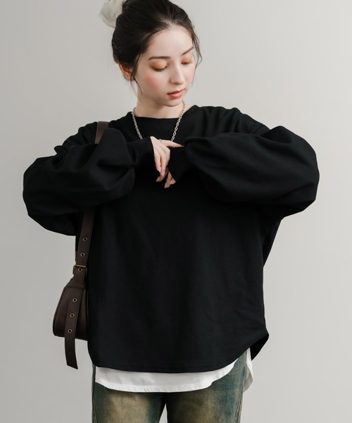 Rocky Monroe(ロッキーモンロー)の「オーバーサイズバルーンスリーブワッフルロングTシャツ(Tシャツ/カットソー・レディース・ブルー/チャコール/ホワイト/グリーン/ブラック/アイボリー/グレー・M/L)」の14枚目の写真