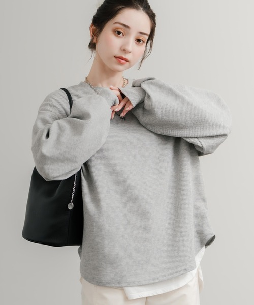 Rocky Monroe(ロッキーモンロー)の「オーバーサイズバルーンスリーブワッフルロングTシャツ(Tシャツ/カットソー・レディース・ブルー/チャコール/ホワイト/グリーン/ブラック/アイボリー/グレー・M/L)」の17枚目の写真