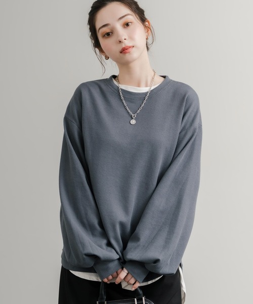 Rocky Monroe(ロッキーモンロー)の「オーバーサイズバルーンスリーブワッフルロングTシャツ(Tシャツ/カットソー・レディース・ブルー/チャコール/ホワイト/グリーン/ブラック/アイボリー/グレー・M/L)」の21枚目の写真