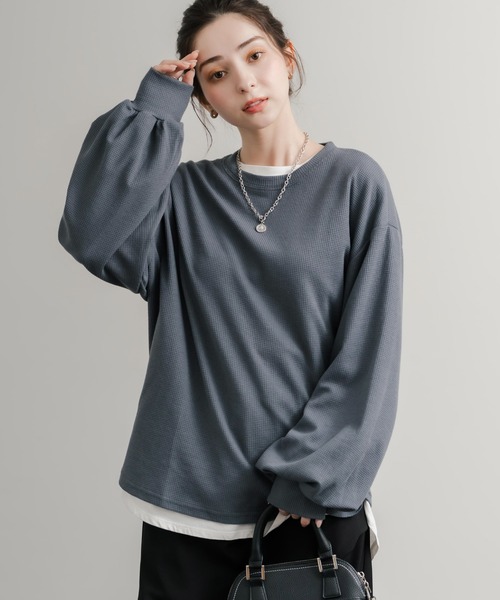 Rocky Monroe(ロッキーモンロー)の「オーバーサイズバルーンスリーブワッフルロングTシャツ(Tシャツ/カットソー・レディース・ブルー/チャコール/ホワイト/グリーン/ブラック/アイボリー/グレー・M/L)」の22枚目の写真