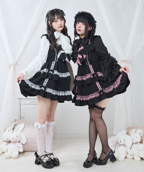 DearMyLove（ディアマイラブ）の「フリルたっぷりはしごレースリボンミニジャンスカ（ジャンパースカート・レディース・ブラック×ピンク/ベビーピンク/ブラック×ホワイト・3L/LL/LARGE/MEDIUM）」の12枚目の写真