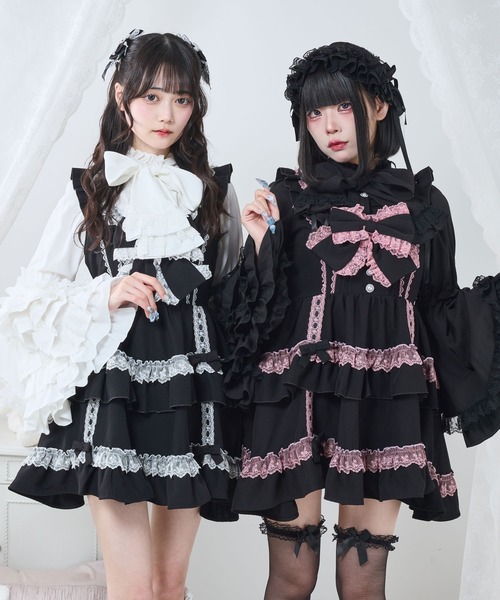 DearMyLove（ディアマイラブ）の「フリルたっぷりはしごレースリボンミニジャンスカ（ジャンパースカート・レディース・ブラック×ピンク/ベビーピンク/ブラック×ホワイト・3L/LL/LARGE/MEDIUM）」の14枚目の写真
