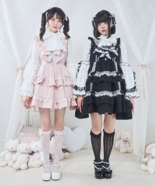 DearMyLove（ディアマイラブ）の「フリルたっぷりはしごレースリボンミニジャンスカ（ジャンパースカート・レディース・ブラック×ピンク/ベビーピンク/ブラック×ホワイト・3L/LL/LARGE/MEDIUM）」の17枚目の写真