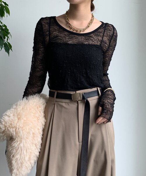 DouDou（ドゥドゥ）の「レースロングスリーブトップス（Tシャツ/カットソー・レディース・ブラック/ホワイト/サックスブルー/カーキ・FREE）」の2枚目の写真