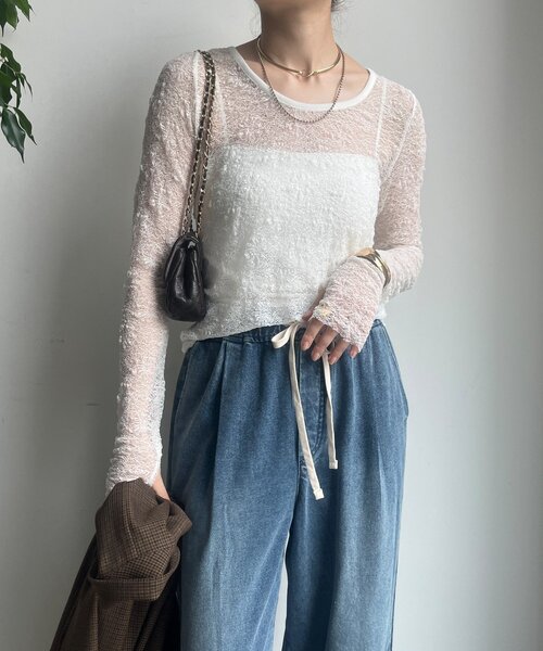 DouDou（ドゥドゥ）の「レースロングスリーブトップス（Tシャツ/カットソー・レディース・ブラック/ホワイト/サックスブルー/カーキ・FREE）」の14枚目の写真