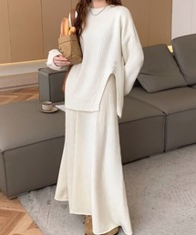 【セットアップ】ゆったりニットトップス×上品フレアロングスカート