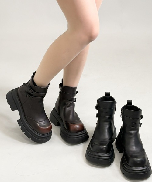 FOLLOWIN（フォロウィン）の「２color /サイドベルトヴィンテージグラデーション厚底ショートブーツ（ブーツ・レディース・ブラウン/ブラック・LARGE/MEDIUM/SMALL）」の14枚目の写真