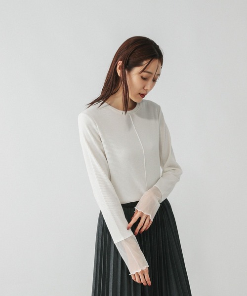 GLOBAL WORK（グローバルワーク）の「Beauteeシアー切り替え長袖/587687（Tシャツ/カットソー・レディース・ブラック/ライトグレー/ホワイト/ホワイト系その他2・MEDIUM/LARGE）」の6枚目の写真