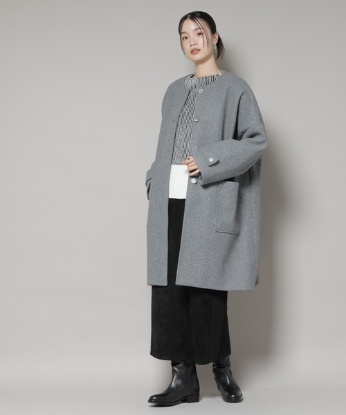 NANO universe(ナノユニバース)の「ノーカラーコクーンミドルコート(ノーカラーコート・レディース・ブラック/アイボリー/グレー・FREE)」の13枚目の写真