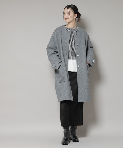 NANO universe(ナノユニバース)の「ノーカラーコクーンミドルコート(ノーカラーコート・レディース・ブラック/アイボリー/グレー・FREE)」の17枚目の写真