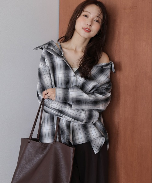 AMELY(エミリー)の「3wayチェックシャツ(シャツ/ブラウス・レディース・オレンジ/ブラウン/ブルー/ブラック・フリー)」の1枚目の写真