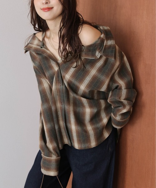 AMELY(エミリー)の「3wayチェックシャツ(シャツ/ブラウス・レディース・オレンジ/ブラウン/ブルー/ブラック・フリー)」の14枚目の写真