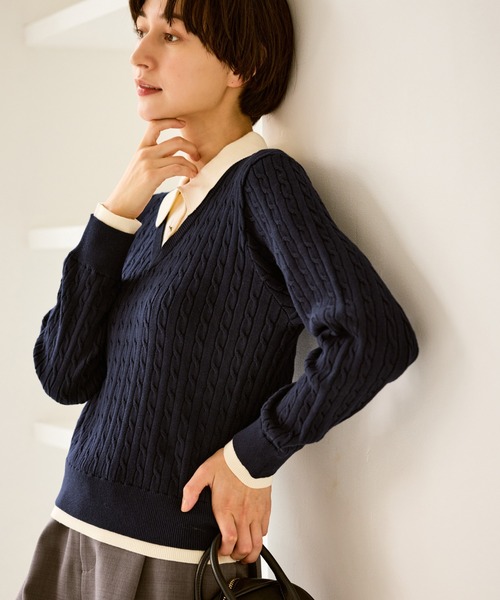 ROPE' PICNIC(ロペピクニック)の「【新色追加】フェイクレイヤードニットプルオーバー(ニット/セーター・レディース・ネイビー/グレー/レンガ/ダークブラウン・FREE)」の4枚目の写真