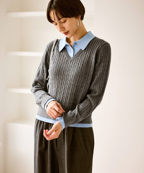 ROPE' PICNIC(ロペピクニック)の「【新色追加】フェイクレイヤードニットプルオーバー(ニット/セーター・レディース・ネイビー/グレー/レンガ/ダークブラウン・FREE)」の7枚目の写真