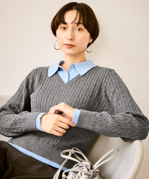 ROPE' PICNIC(ロペピクニック)の「【新色追加】フェイクレイヤードニットプルオーバー(ニット/セーター・レディース・ネイビー/グレー/レンガ/ダークブラウン・FREE)」の11枚目の写真