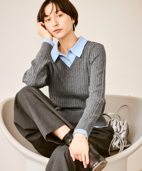 ROPE' PICNIC(ロペピクニック)の「【新色追加】フェイクレイヤードニットプルオーバー(ニット/セーター・レディース・ネイビー/グレー/レンガ/ダークブラウン・FREE)」の14枚目の写真