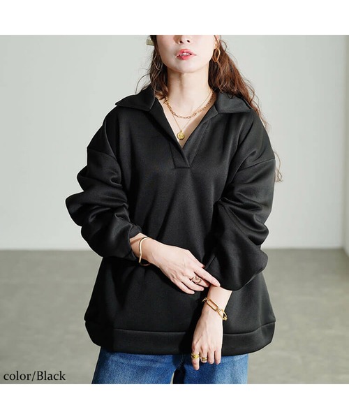 GOLDJAPAN（ゴールドジャパン）の「裏起毛スキッパーカラープルオーバー【大きいサイズ対応】（スウェット・レディース・ブラック/杢グレー・4L～5L/LL～3L）」の8枚目の写真