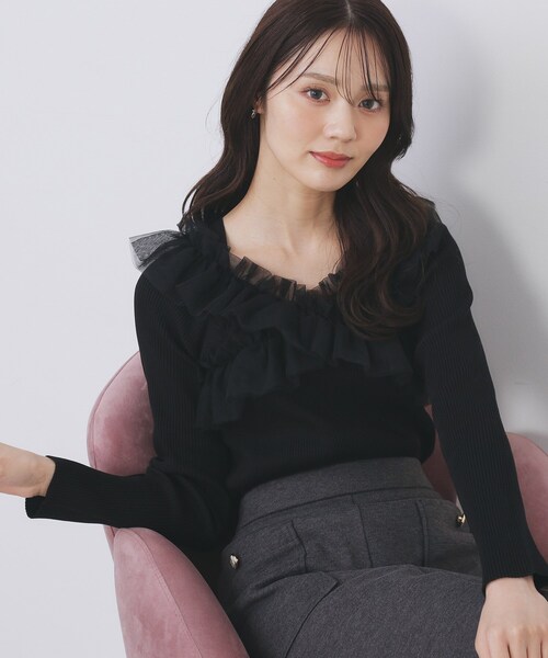 index（インデックス）の「クロスチュールフリルリブニット【洗濯機OK/抗ピル】（ニット/セーター・レディース・チャコールグレー/ナチュラル/ベビーピンク/ブラック系7・36/38/40）」の2枚目の写真