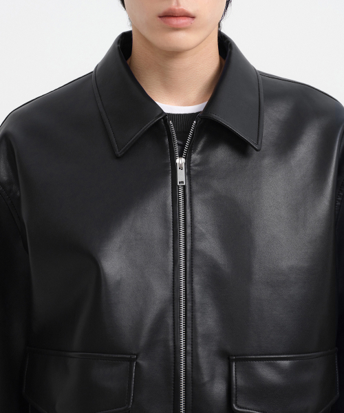 シンセティックレザーオーバーサイズエビエータージャケット[ブラック