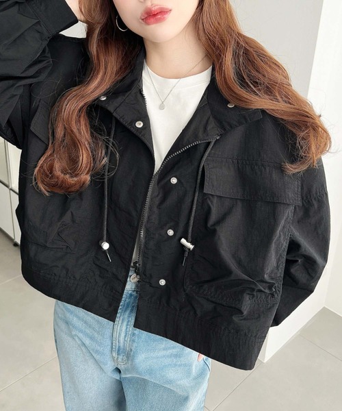 moment+（モーメントプラス）の「ナイロンワッシャースタンドショートジャケット（ミリタリージャケット・レディース・ブラック/アイボリー/グレー・M）」の9枚目の写真