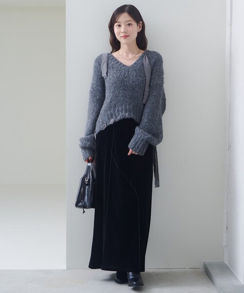 Kastane(カスタネ)の「【2サイズ展開/低身長サイズ】ベロアメロウスカート(スカート・レディース・ブラック/ブラウン・0/1)」の3枚目の写真