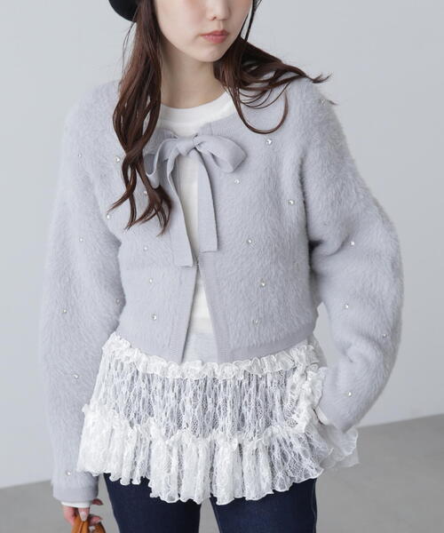 FREE'S MART（フリーズマート）の「◆ラインストーンクロップドニットカーディガン（ニット/セーター・レディース・レッド/グレー/ブラック・FREE）」の2枚目の写真